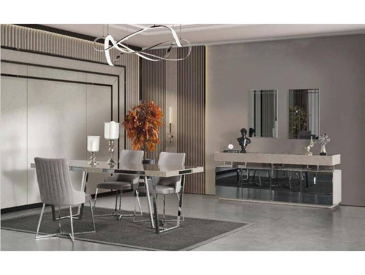 Xlmoebel Esszimmer-Set Esszimmer Ensemble Essbereich Set Tisch Stühle 10-teilig Holz Grau, (10-St., Esstisch, 6x Stühle, Sideboard, 2x Spiegel) von OTTO