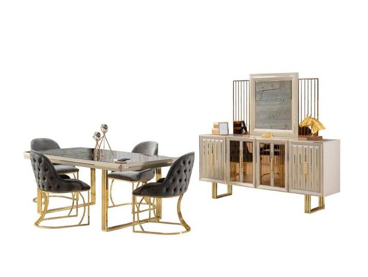 Xlmoebel Esszimmer-Set Hochwertiges Esszimmer-Set Esstisch und Stühle in Beige - 9-teiliges, (Set 9tlg Esszimmer (Esstisch + 6x Stühle + Sideboard + Spiegel) von OTTO