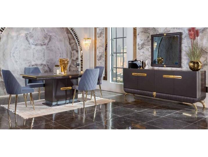 Xlmoebel Esszimmer-Set Modernes Designer-Set – 7tlg, Edelstahl-Tisch & Kommode, (7tlg.Esszimmer Set(Esstisch + 4x Stühle + Kommode + Spiegel) von OTTO