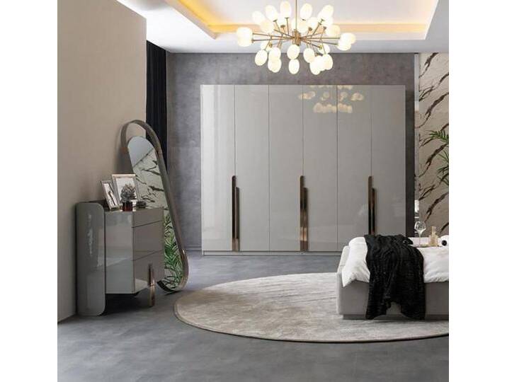Xlmoebel Schlafzimmer-Set Spiegel-Kommode Kleiderschrank in Hochglanz-Optik aus Edelstahl, (3-tlg., Schubkastenkommode + Standspiegel + Kleiderschrank) von OTTO