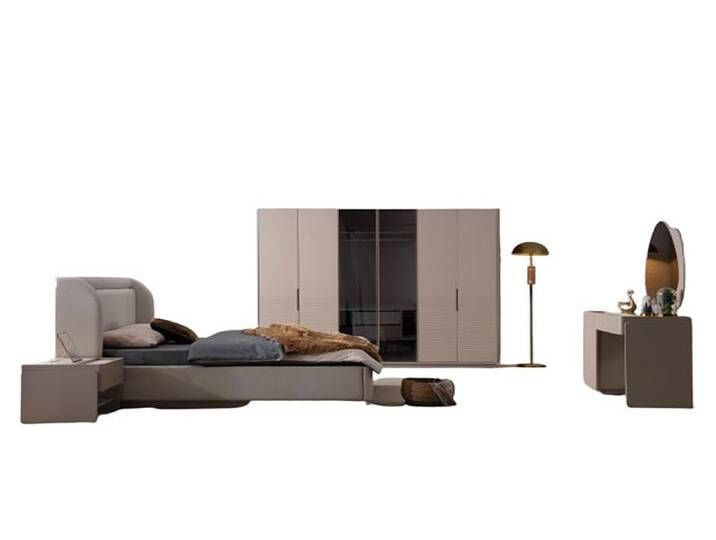 Xlmoebel Komplettschlafzimmer Designer Schlafzimmer Set in Beige mit Bett, 2 Nachttischen, (5-tlg., Bett + 2x Nachttische + Kleiderschrank + Schminktisch) von OTTO