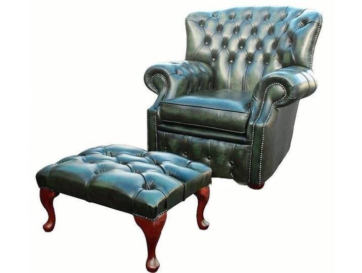 Xlmoebel Ohrensessel Chesterfield Lesesessel Einzelstück + Fußhocker Designer Echtleder (Ohrensessel (1 Sitzer) + Hocker), Hergestellt in Europa, grün von OTTO