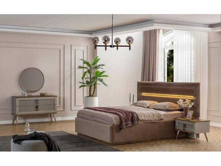 Xlmoebel Schlafzimmer-Set Luxuriöses Schlafzimmermöbel-Set in Beige mit Designer-Doppelbett, (Set 5tlg Schlafzimmer (Bett + 2x Nachttische + Kommode + Spiegel) von OTTO