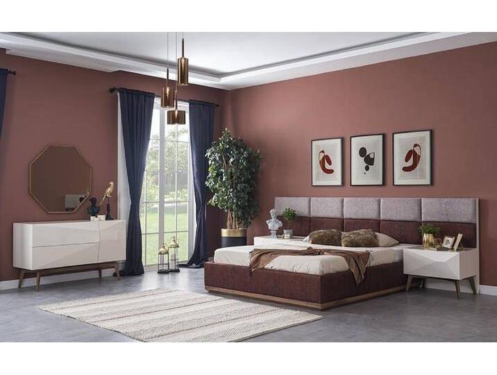 Xlmoebel Schlafzimmer-Set Zeitgemäße Schlafzimmermöbel Set mit Design-Bett und 2 Nachttischen, (Schlafzimmer Set 5tlg (Bett + 2x Nachttische + Kommode mit Spiegel) von OTTO