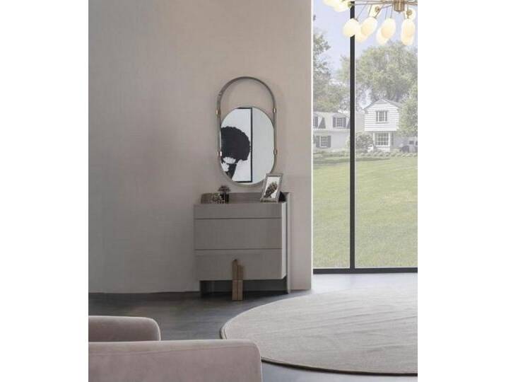 Xlmoebel Schubkastenkommode Nachttisch mit ovalen Spiegel in Hochglanz und Edelstahl (Kommode + Spiegel), Hergestellt in Europa, grau von OTTO