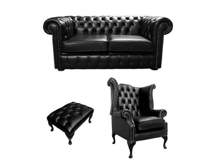 Xlmoebel Sessel Neu Chesterfield Möbel Set aus Leder und Stoff mit Ohrensessel (Chesterfield 2 Sitzer + Ohrensessel + Hocker - 475) von OTTO