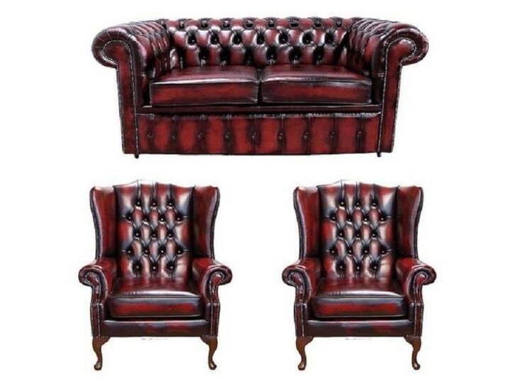 Xlmoebel Sessel Neues Sofa und Couch aus Leder und Textil in klassischem (Chesterfield 2 Sitzer + 2 Ohrensessel - 482), Hergestellt in Europa, rot von OTTO