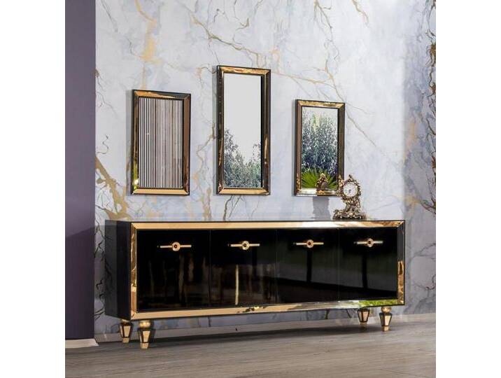 Xlmoebel Sideboard Neues Set mit Spiegel-Kommode aus schwarzem Edelstahl und Holz-Schrank (4tlg. Wohnzimmer Set(Sideboard+3x Spiegel) von OTTO