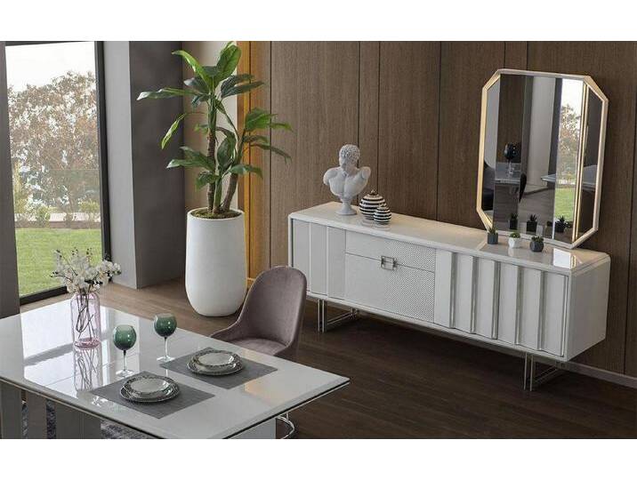 Xlmoebel Sideboard Weißes Sideboard Hochglanz mit Spiegel und Metallfüßen (2tlg.Esszimmer Set(Sideboard+Spiegel), Hergestellt in Europa, weiß von OTTO
