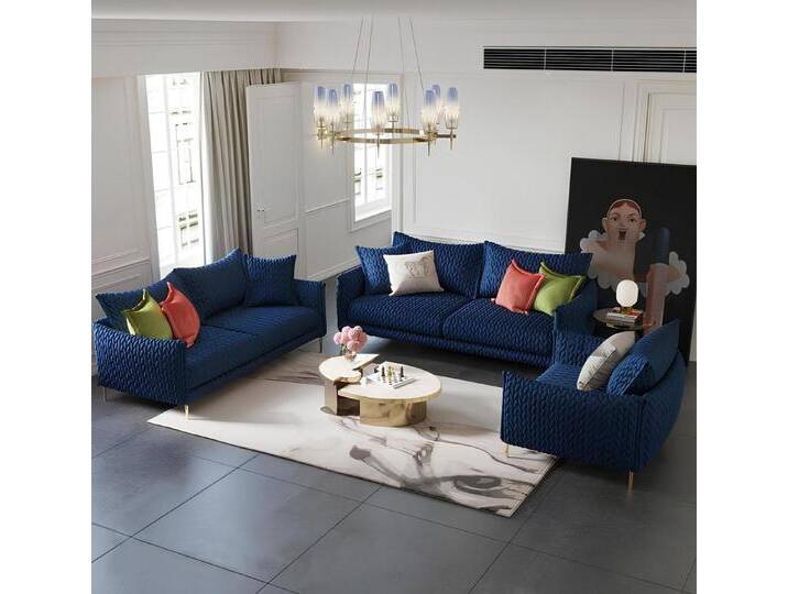 Xlmoebel Polstergarnitur Dreisitzer Sofa, Zwesitzer Sofa und Einzelsessel in Leder und Stoff, (Sofagarnitur 3+2+1 Sitzer), Hergestellt in Europa, blau von OTTO