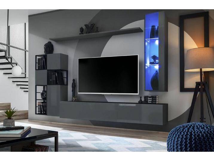 Xlmoebel Wohnwand Designer Wohnkombination Grau Hängeregal TV Halter Komplett Hochglanz, (9-St., TV Ständer + Hänge Vitrine + 3x Wandschrank + 4x Wandregal) von OTTO