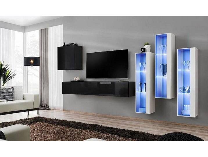 Xlmoebel Wohnwand Dunkel TV Halter Wohnensemble Set 5-teilig Wandschrank Holzdesign, (6-St., 1x Wohnwand + 1x TV Ständer + 4x Wandschrank) von OTTO