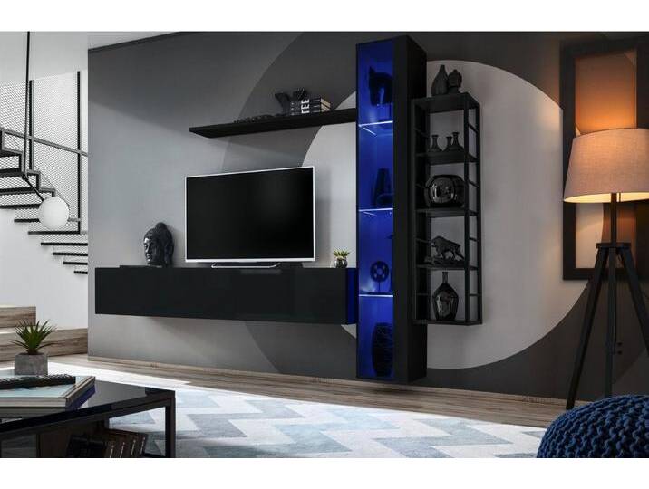 Xlmoebel Wohnwand Dunkel Wohnkombination Designer Fernsehmöbel Hängesideboard Komplett, (4-St., TV Ständer + Hänge Vitrine + 2x Wandregal) von OTTO