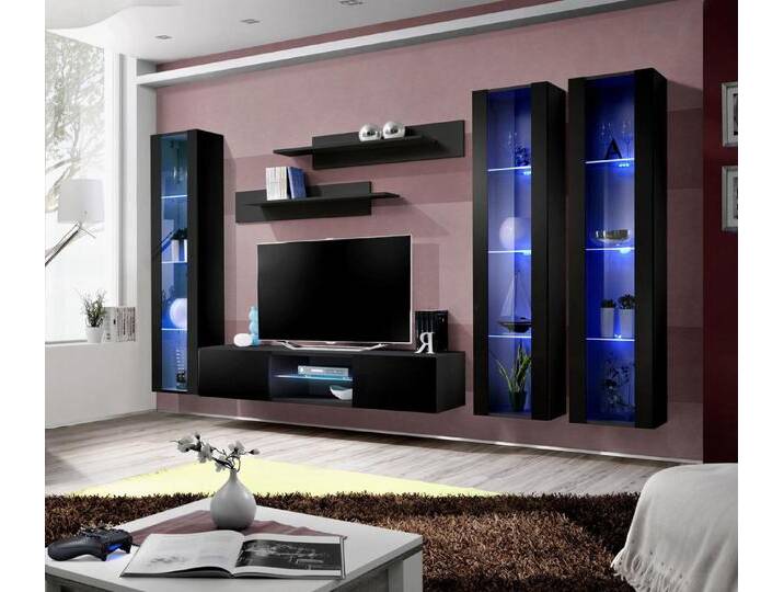 Xlmoebel Wohnwand Exklusive Schwarz Wohnregal Hängende Vitrine Designer Zimmer Holz, (6-St., 1x Wohnwand + 1x TV Ständer + 3x Hänge Vitrine + 2x Wandregal) von OTTO