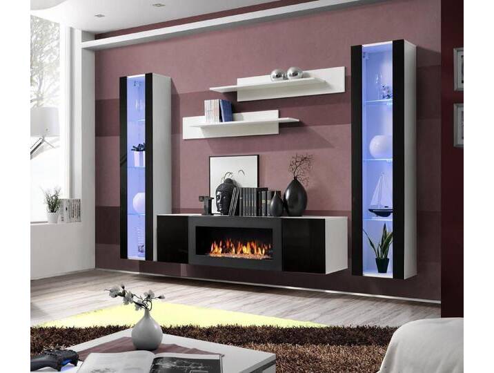 Xlmoebel Wohnwand Exklusive Wohnwand TV Halter Sideboard Holz Designer Zimmer, (6-St., 1x Wohnwand+1x Sideboard: Mit Kamin+2x Hänge Vitrine+2x Wandregal) von OTTO