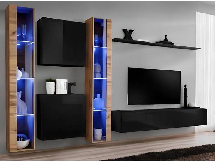 Xlmoebel Wohnwand Moderne Wohnwand Schrank Fernsehständer Schwarz Wohnraum Möbel, (7-St., TV Ständer, 2x Hänge Vitrine, Wohnwand, 2x Wandschrank, Wandregal) von OTTO