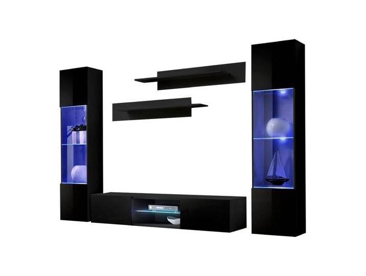 Xlmoebel Wohnwand Schwarz Wohnwand Regalsystem Komplett Designer Möbel, (6-St., 1x Wohnwand + 1x TV Ständer + 2x Hänge Vitrine + 2x Wandregal) von OTTO