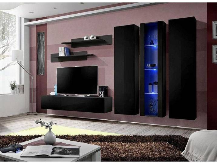 Xlmoebel Wohnwand Schwarz lackierte Wohnmodul Holzschrank TV-Halterung Set, (6-St., 1x Wohnwand+1x TV Ständer+1x Hänge Vitrine+2x Wandschrank+2x Wandregal) von OTTO
