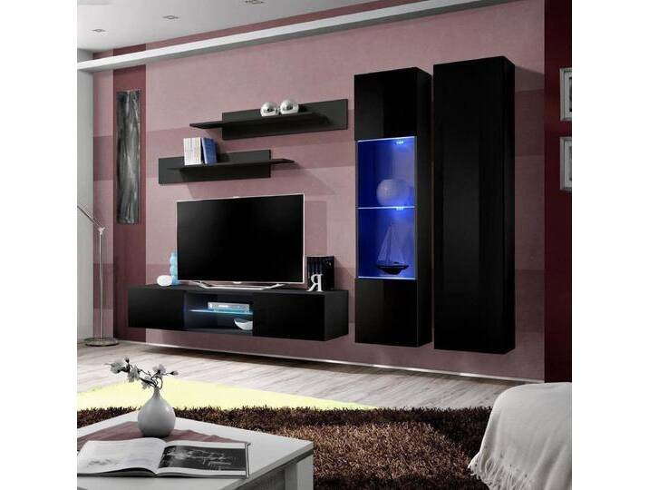 Xlmoebel Wohnwand Schwarze Gesamt Wohnwand Wohnzimmer Hängeschrank neu, (6-St., 1x Wohnwand+1x TV Ständer+1x Wandschrank+1x Hänge Vitrine+2x Wandregal) von OTTO