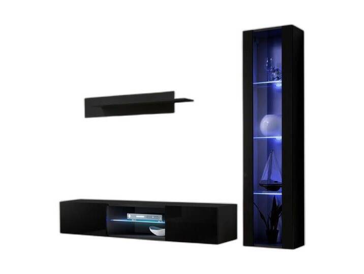 Xlmoebel Wohnwand Schwarze Wohnzimmerwand Luxus Paket 4-teilig Hänge Vitrine, (4-St., 1x Wohnwand + 1x TV Ständer + 1x Hänge Vitrine + 2x Wandregal) von OTTO
