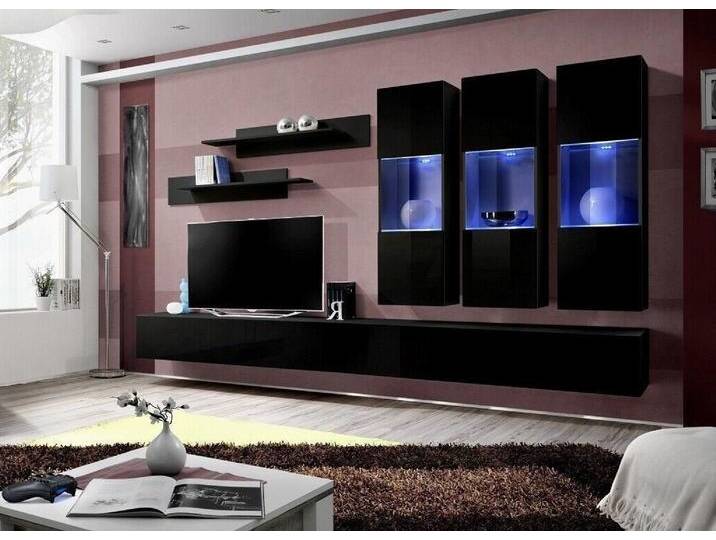 Xlmoebel Wohnwand Set 8 Teile Wohnzimmermöbel 2x TV Halter Moderne Wandregale Schwarz, (8-St., 1x Wohnwand + 2x TV Ständer + 3x Hänge Vitrine + 2x Wandregale) von OTTO