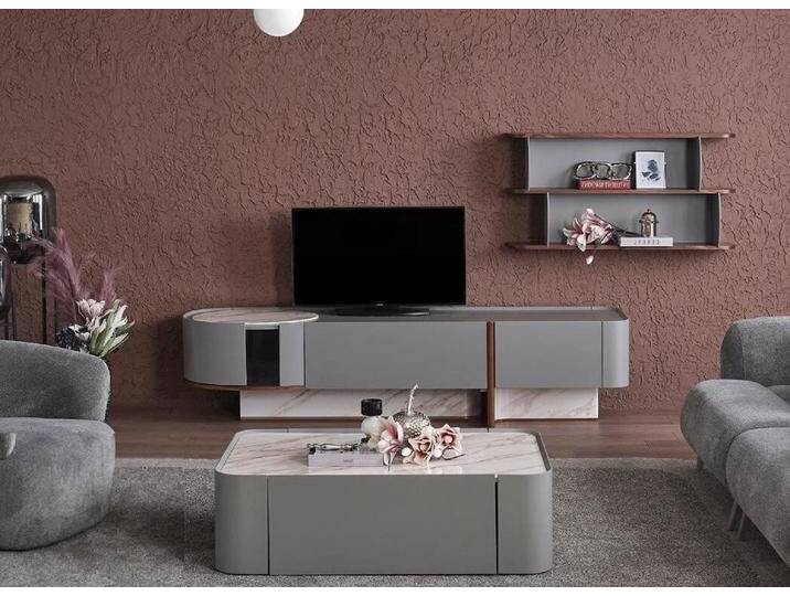 Xlmoebel Wohnwand Set für Wohnzimmer Holz Einrichtung Luxus TV-Ständer Design, (2-St., TV-Ständer + Wandregal), Hergestellt in Europa, grau von OTTO