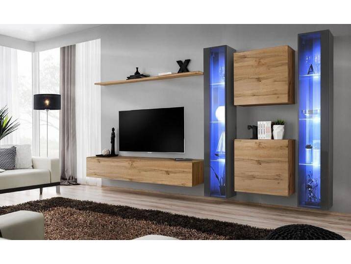 Xlmoebel Wohnwand Vollständiges Braun Wohnzimmerset Hängevitrine Wandregal Einrichtung, (6-St., 1x Wohnwand+1x TV Ständer+2x Wandschrank+2x Hänge Vitrine+1x Wandregal) von OTTO