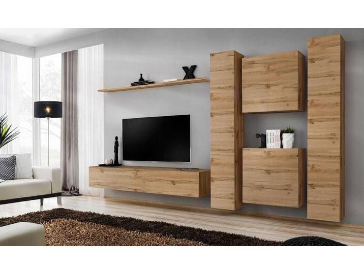 Xlmoebel Wohnwand Wandmöbel Wohnzimmer Designer Wohnwand Bücherregal Holz, (7-St., 1x Wohnwand + 1x TV Ständer + 4x Wandschrank + 1x Wandregal) von OTTO
