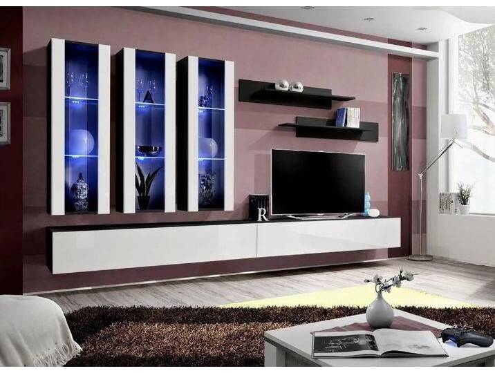 Xlmoebel Wohnwand Wandregal Hänge Schrank Wohnbereich TV Kommode Fernseher Halter, (8-St., 1x Wohnwand + 2x TV Ständer + 3x Hänge Vitrine + 2x Wandregale) von OTTO