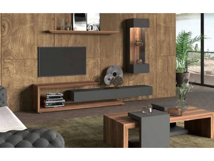 Xlmoebel Wohnwand Wandschrank Wandbrett Seitenschrank Nussbaum natur - Dunkelgrau matt, (4-St., 2x TV-Ständer, Seitenschrank, Wandregal) von OTTO