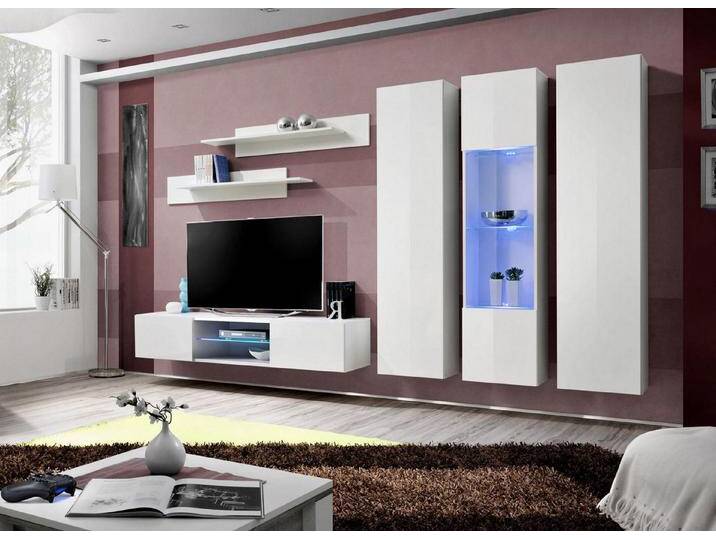 Xlmoebel Wohnwand Weiße Wohnwand Hänge Vitrine Fernsehständer luxuriöser Wandschrank, (6-St., 1x Wohnwand+1x TV Ständer+2x Wandschrank+1x Hänge Vitrine+2x Wandregal) von OTTO