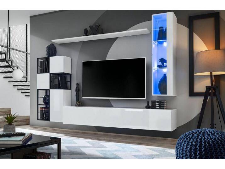 Xlmoebel Wohnwand Weiße Wohnwand Hängereinheit Designer TV Regal Set 9tlg Holzstücke, (9-St., TV Ständer + Hänge Vitrine + 3x Wandschrank + 4x Wandregal) von OTTO