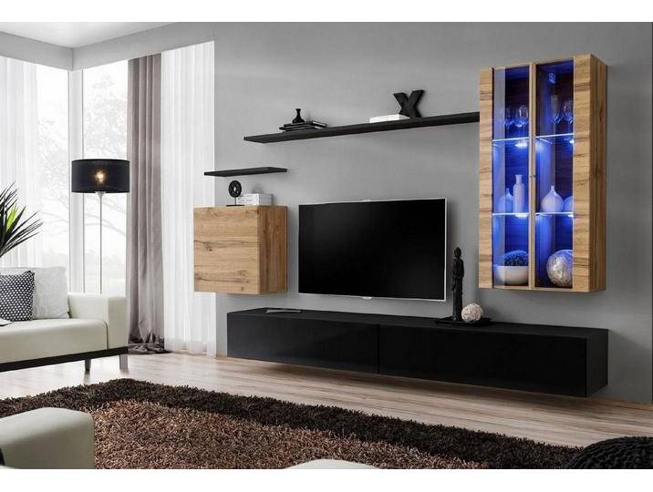 Xlmoebel Wohnwand Wohnregal Holzschränke Dunkel Fernsehmöbel Sideboard Wandschrank, (7-St., 1x Wohnwand + 2x TV Ständer + 3x Wandschrank + 2x Wandregal) von OTTO