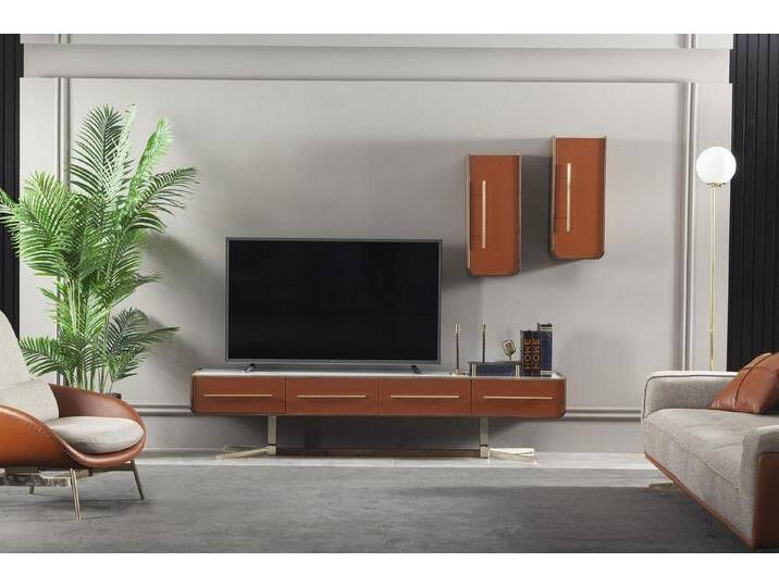 Xlmoebel Wohnwand Elegante TV-Media-Wand in Orange mit Edelstahl für das Wohnzimmer, (Wohnwand), Hergestellt in Europa, orange von elegante