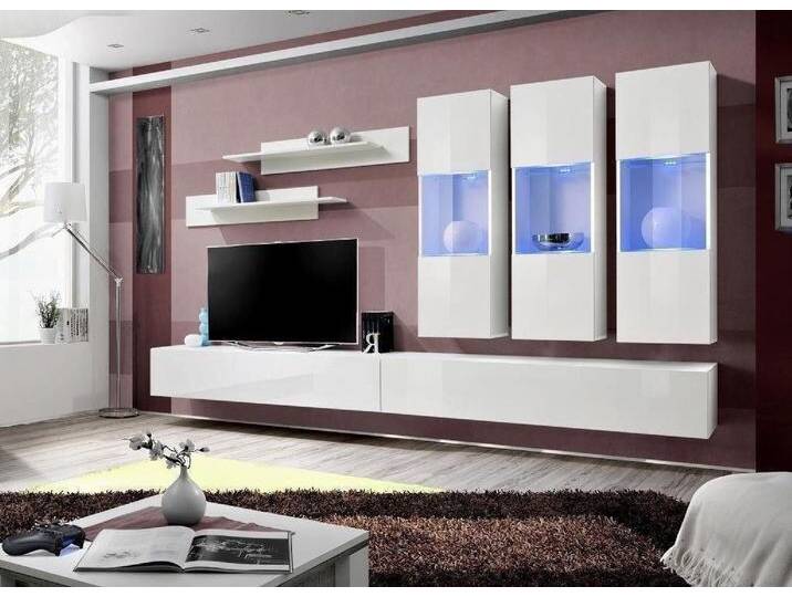 Xlmoebel Wohnwand Wohnzimmer RTV Hängeschrank Wohnkombination Holzstil Weiß, (7-St., 1x Wohnwand + 2x TV Ständer + 3x Hänge Vitrine + 2x Wandregale) von OTTO