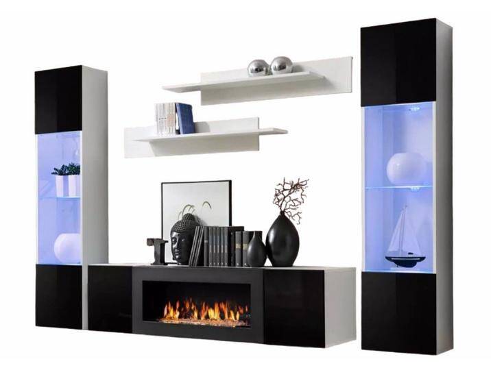 Xlmoebel Wohnwand Wohnzimmer TV-Möbel Kombination Luxus Design Set 6-teilig Modern, (5-St., 1x Wohnwand+1x Sideboard Mit Kamin+2x Hänge Vitrine+2x Wandregal) von OTTO