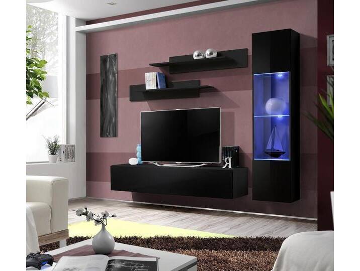 Xlmoebel Wohnwand Wohnzimmerwand Set RTV Flachbildschirm Halter Schwarz 4-teilig, (5-St., 1x Wohnwand + 1x TV Ständer + 1x Hänge Vitrine + 2x Wandregale) von OTTO