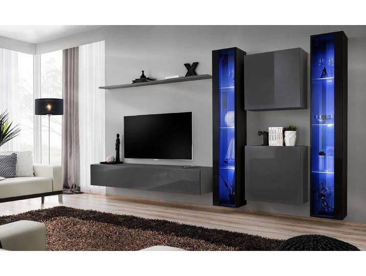 Xlmoebel Wohnwand Wohzimmer Möbel 2x Schrank Grau Zeitgenössisch Sideboard Design, (7-St., TV Ständer, 2x Hänge Vitrine, Wohnwand, 2x Wandschrank, Wandregal) von OTTO