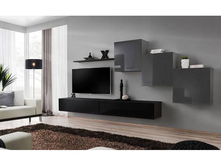 Xlmoebel Wohnwand Zeitgenössischer Schwarz Fernsehtisch Wohnzimmerschränke Möbelstücke, (7-St., 1x Wohnwand + 2x TV Ständer + 3x Wandschrank + 1x Wandregal) von OTTO