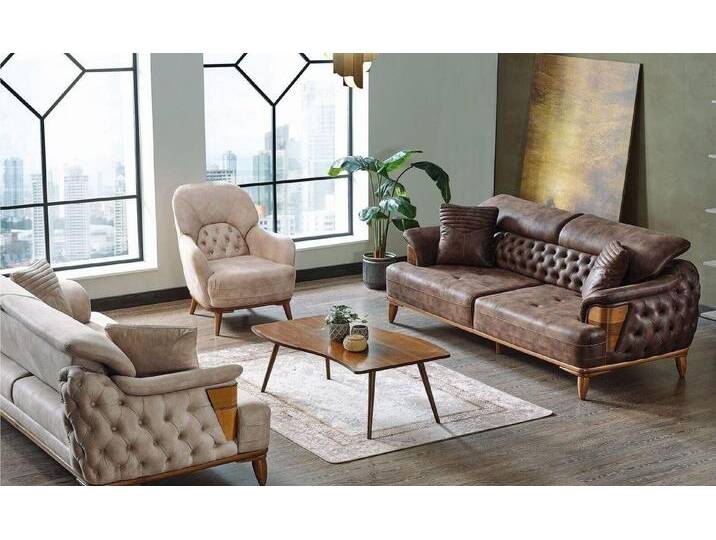 Xlmoebel Wohnzimmer-Set 3+3+1 Sofa-Set Holz Wohnzimmer Edel Chesterfield Gewebe Neu, (3-St., 2x Sofa 3 Sitzer + 1x Sessel), Hergestellt in Europa von OTTO