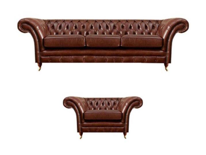 Xlmoebel Chesterfield-Sofa Braun Set 2-teilig Dreisitzer Couch Leder Sessel Chesterfield, 2 Teile, Hergestellt in Europa, braun von OTTO