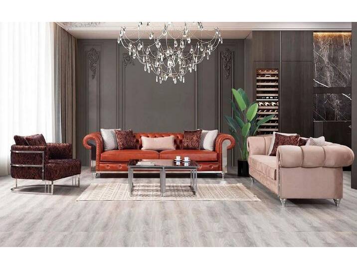 Xlmoebel Wohnzimmer-Set Chesterfield Sofa-Set Dreisitzer Braun Sitzgarnitur Polsterbank, (3-St., Nur Sofa 2x 3 Sitzer + Sessel Couchtisch) von OTTO