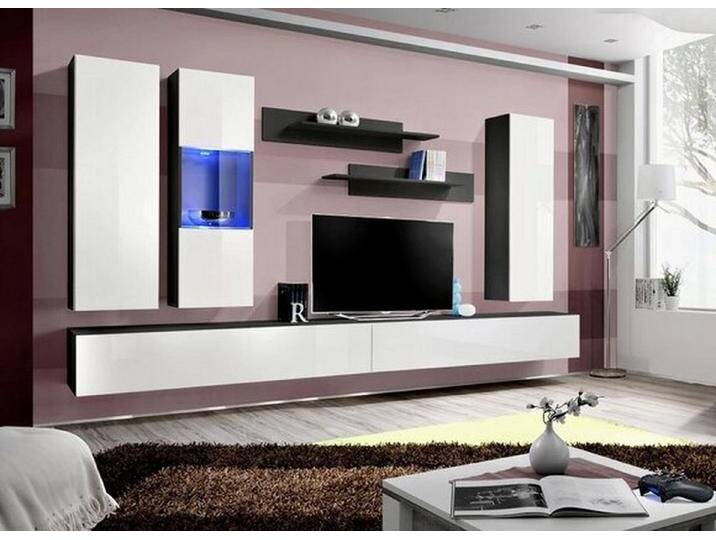 Xlmoebel Wohnwand Designer Ensemble 8-teilig Wandregal Hängevitrine Schrank Luxusmöbel, (8-St., 1x Wohnwand+2x TV Ständer+1x Hänge Vitrine+2x Wandschrank+2x Wandregal) von OTTO