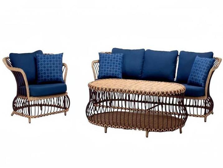 Xlmoebel Gartenlounge-Set Luxuriöses Rattan-Sofa-Set mit 3-Sitzer-Sofa in modernem Blau, (3tlg Set(Sofa 3 Sitzer+Sessel+Couchtisch) von OTTO