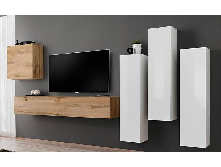 Xlmoebel Wohnzimmer-Set Moderne TV Halterung Holz Wohnbereich Möbel Braun Wandregal Neu, (6-St., 1x Wohnwand + 1x TV Ständer + 4x Wandschrank) von OTTO