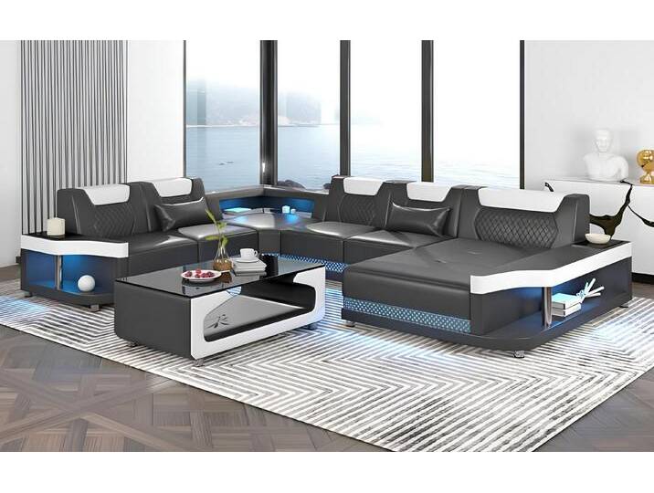 Xlmoebel Wohnzimmer-Set Riesiges Ecksofa Wohnlandschaft mit LED-Beleuchtung in XXL-Größe, (Ecksofa U-Form), Hergestellt in Europa, schwarz, Schwarz von OTTO