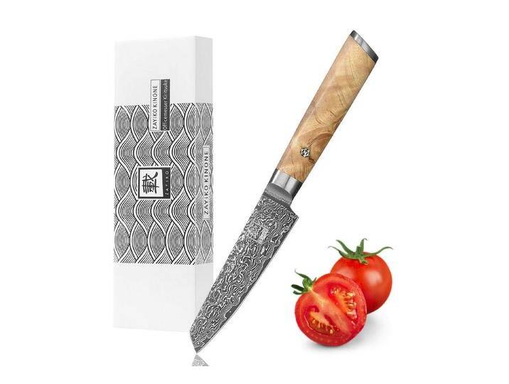 ZAYIKO Asiamesser Kinone Damast Officemesser Mukimono 10cm Klinge Wurzelholzgriff Birke, 67 Lagen Damaststahl, VG-10 Stahlkern, grau silberfarben von OTTO