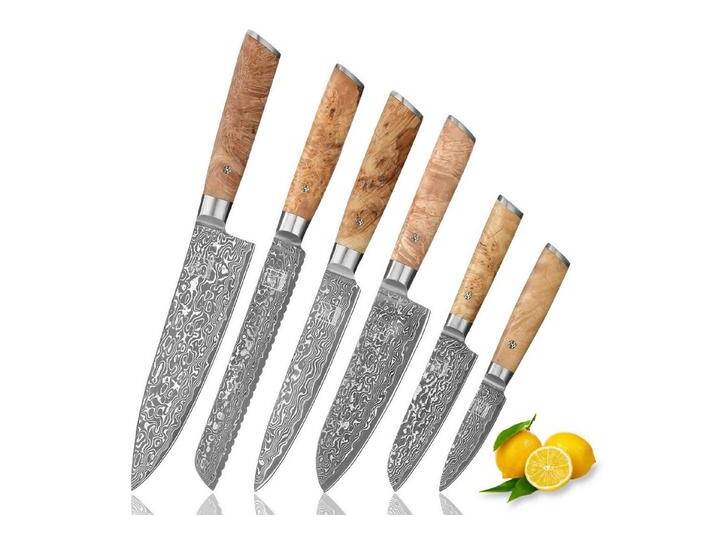 ZAYIKO Messer-Set Kinone 6er Damast Küchenmesser-Set I 8-20cm Klingen I Wurzelholzgriffe (Damastmesser mit Geschenkbox, 1-tlg., 6er Damastmesser-Set), schwarzer Damaststahl von OTTO
