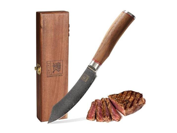 ZAYIKO Steakmesser Kurumi Damast Steakmesser I 12 cm Klinge I Nussbaumgriff I Holzbox (1 Stück), 67 Lagen Damaststahl, VG-10 Stahlkern, silberfarben von OTTO