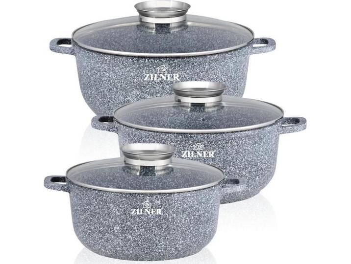 Zilner Topf-Set Schöne graue Steintöpfe in 3 verschiedenen Größen, Aluminiumguss, Aluminium, Keramik, Edelstahl (Passt in jede Küche! 2.3L-20cm / 4.5L-24cm / 6.8L - 28cm, 6-tlg., Es ist eine perfekte Geschenkidee für jeden Anlass) von OTTO